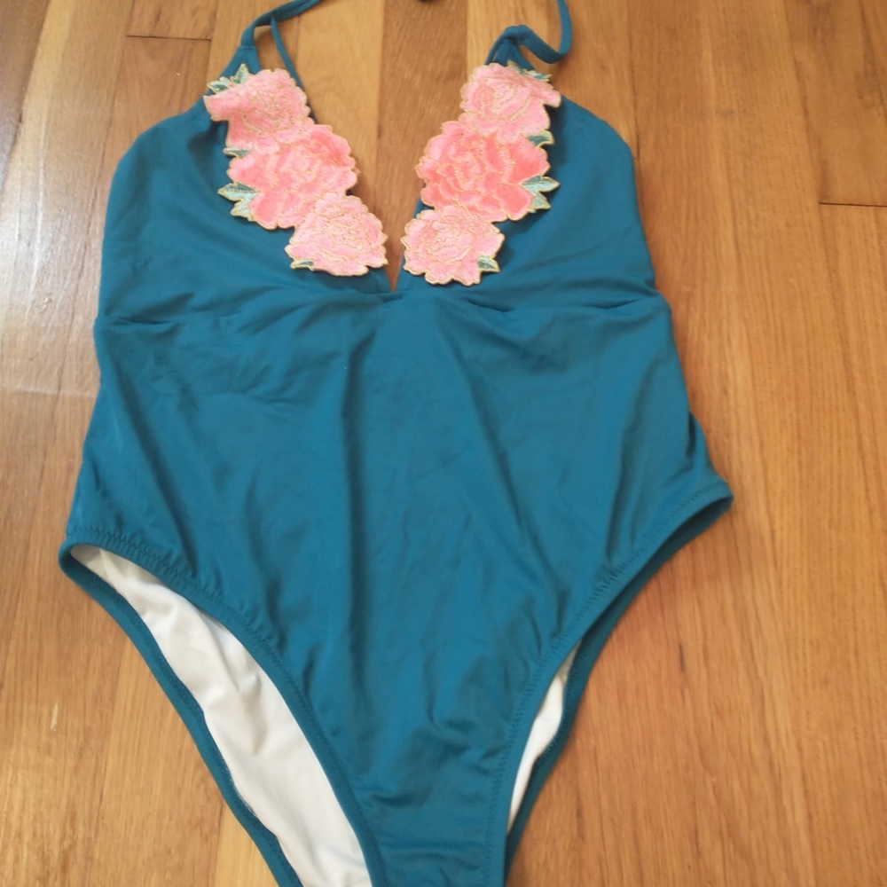 Pink Victoria Secret Blue Pink Floral Plunge Swimsuit Bathing Suit Women Large